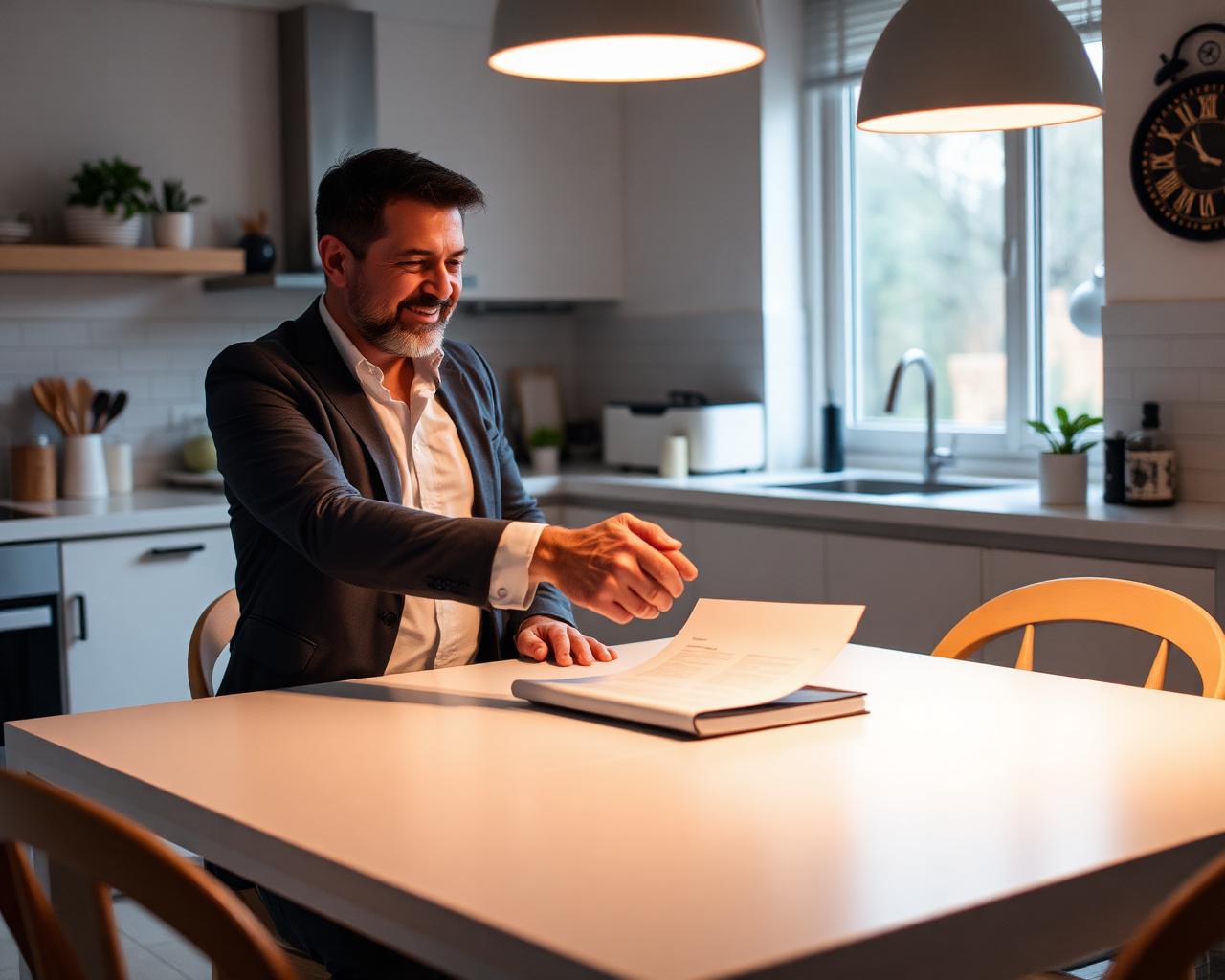 Landlord smiling while reviewing a signed lease at a bright kitchen table