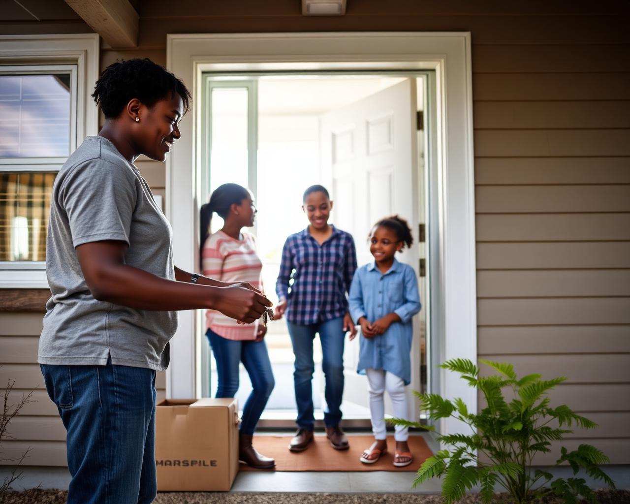 Support worker handing keys to a family at the front door of a new home