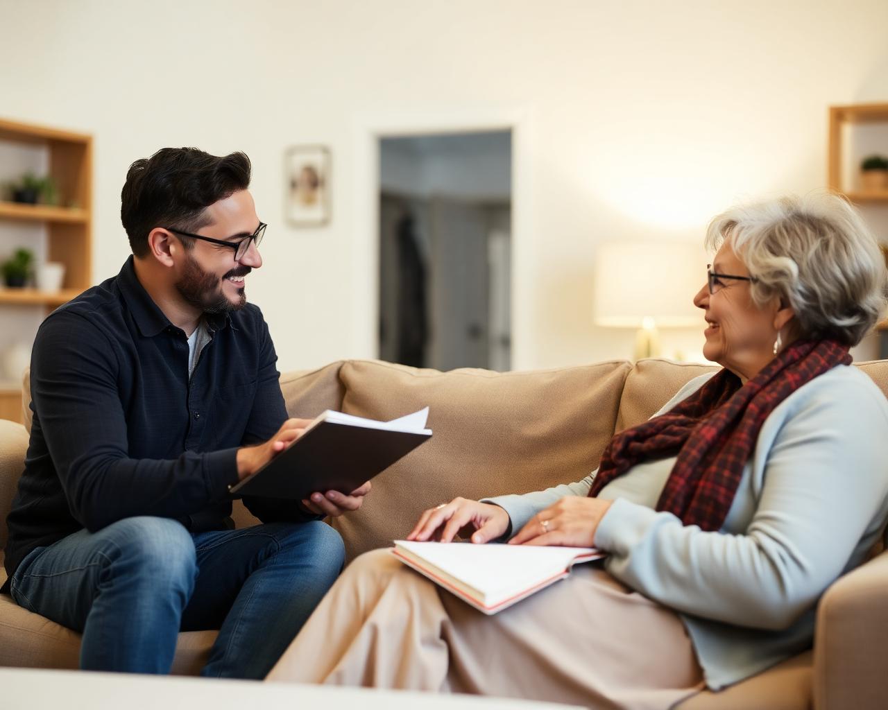 Keyworker chatting warmly with a resident on a sofa