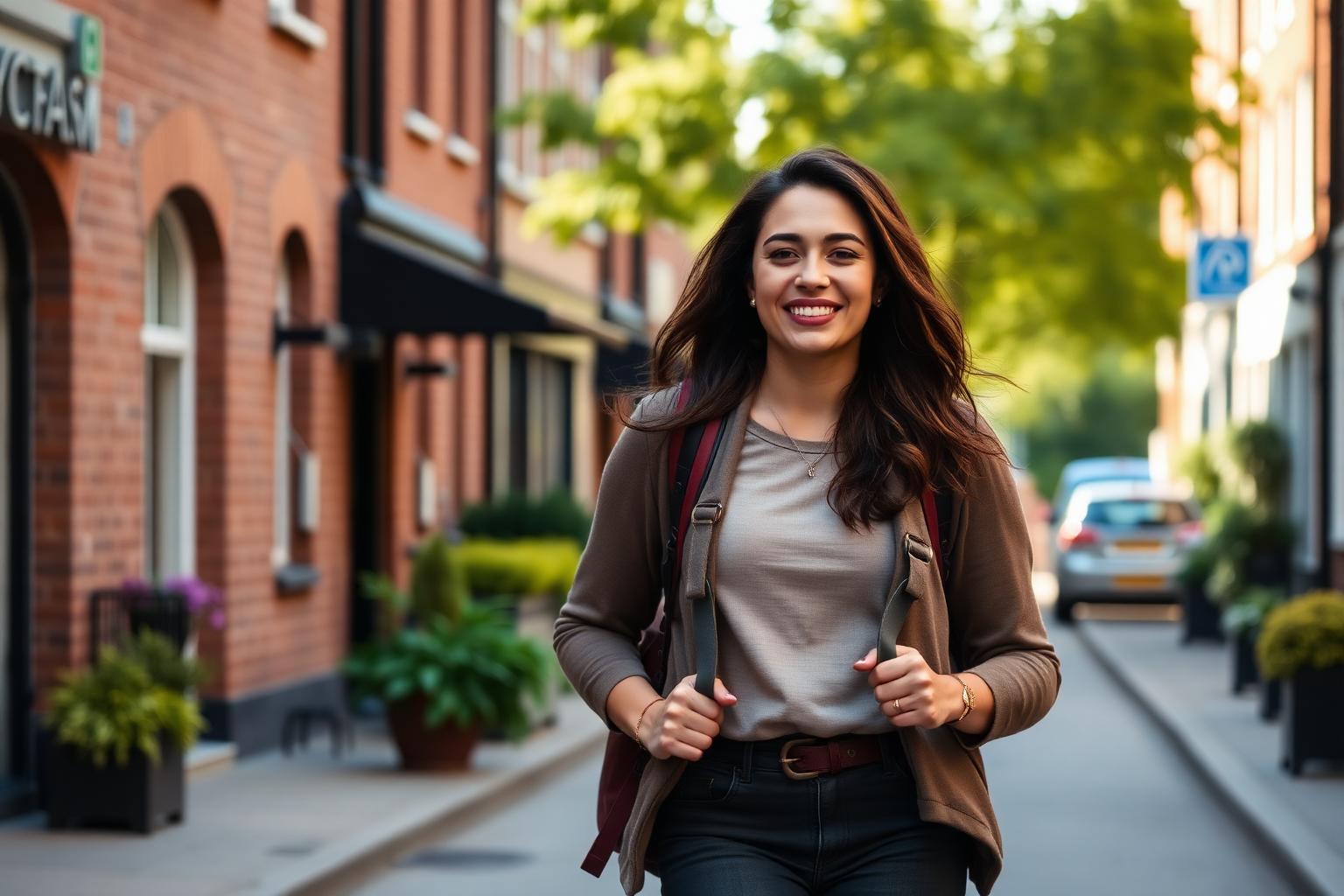A woman walking confidently down a British street with a rucksack, morning light