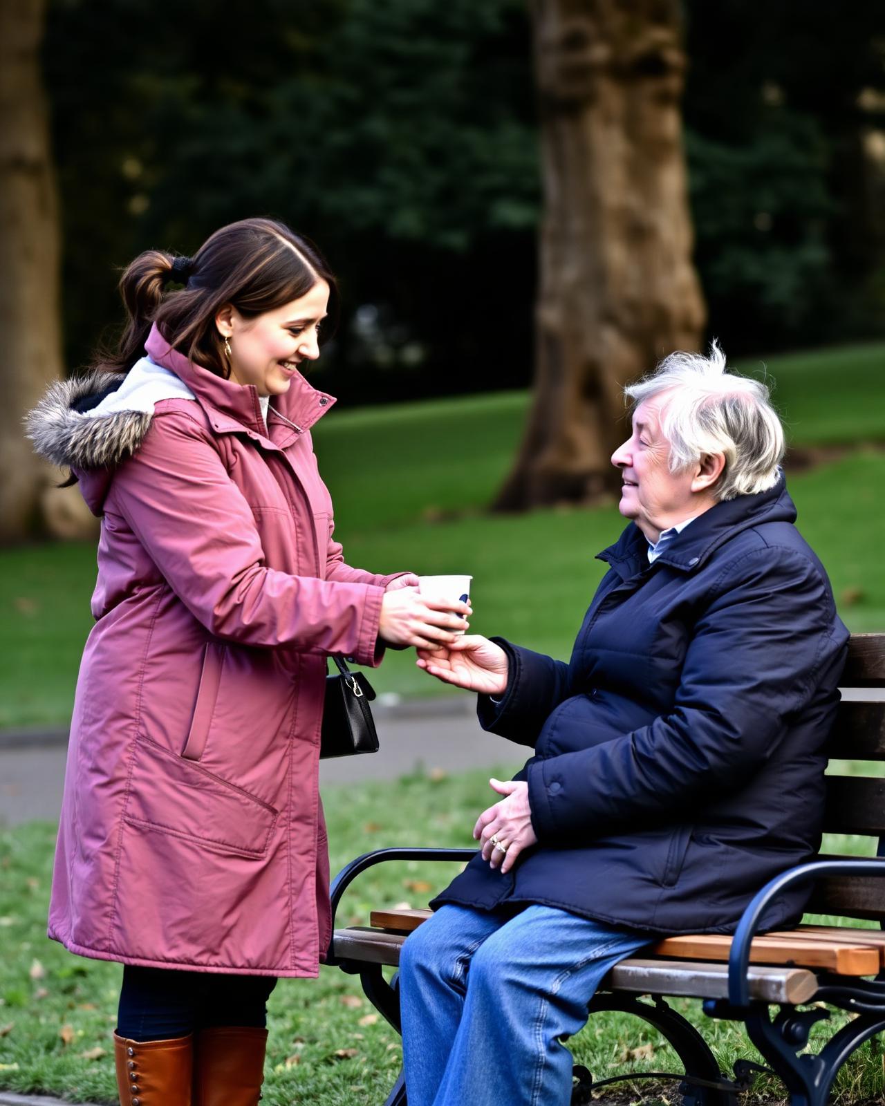 An outreach worker handing a cup of tea to a person on a park bench