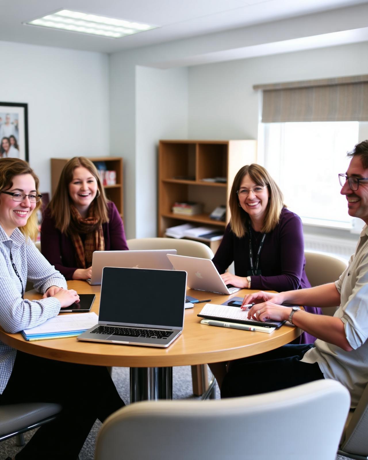 A multi-agency team meeting round a table with laptops and notebooks