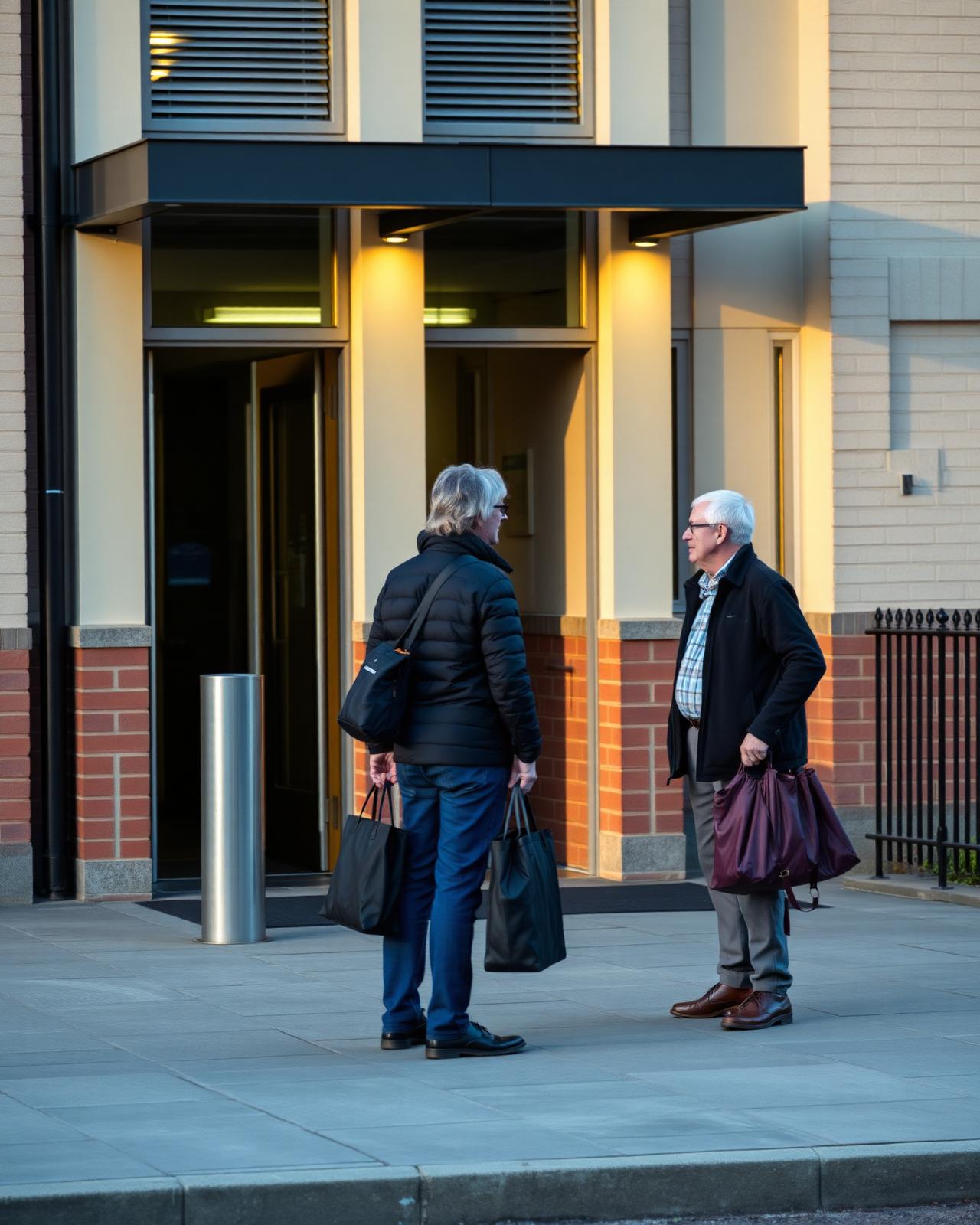A support worker meeting someone at a building entrance at dawn