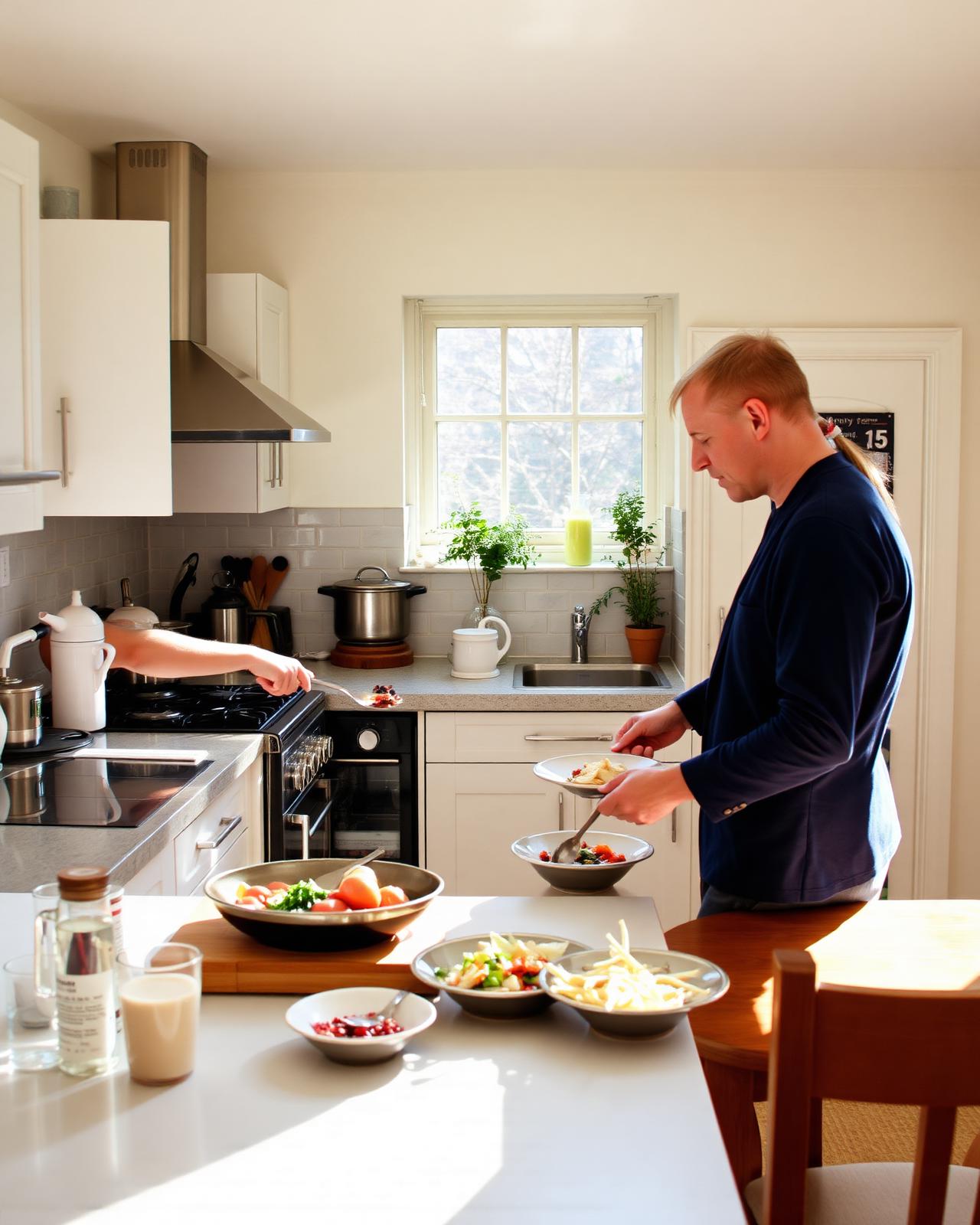 Residents cooking together in a bright shared kitchen