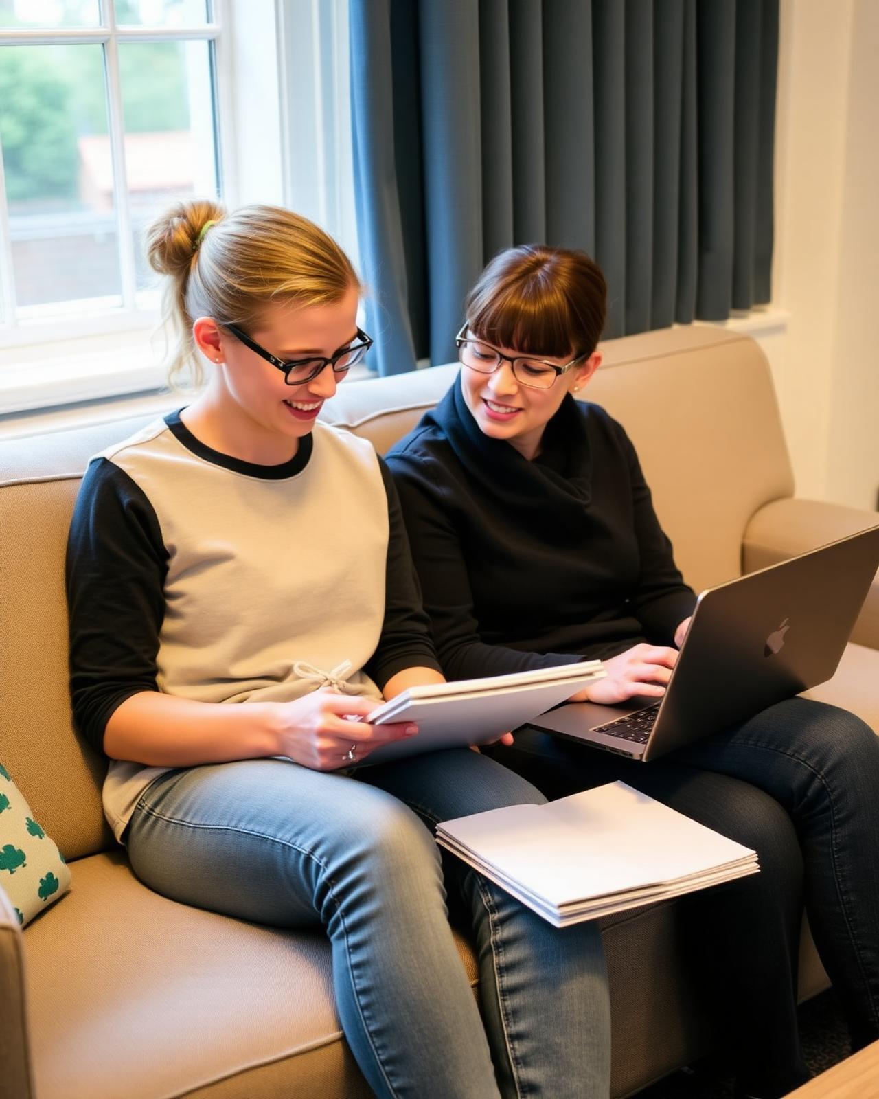 A resident and support worker in a one-to-one session on a sofa