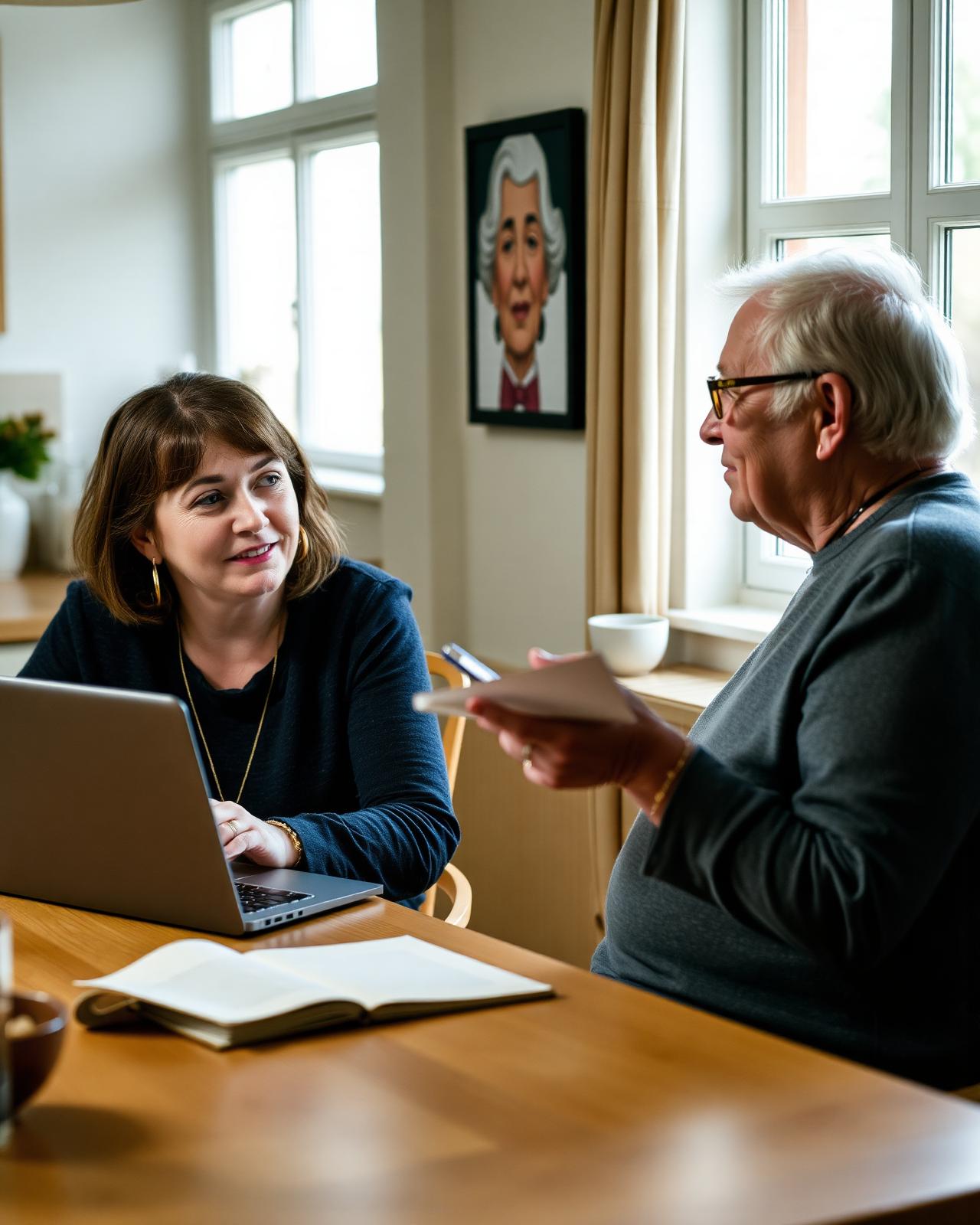 A Millpond housing officer talking with a resident at a kitchen table