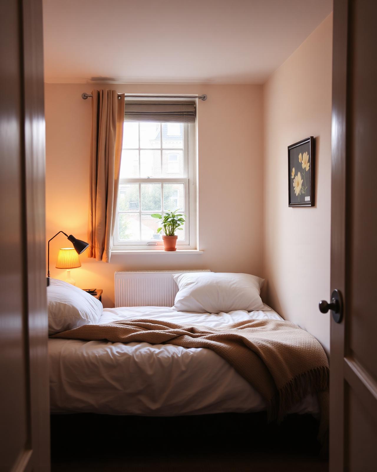 Warm, welcoming bedroom with soft lighting and a made-up bed