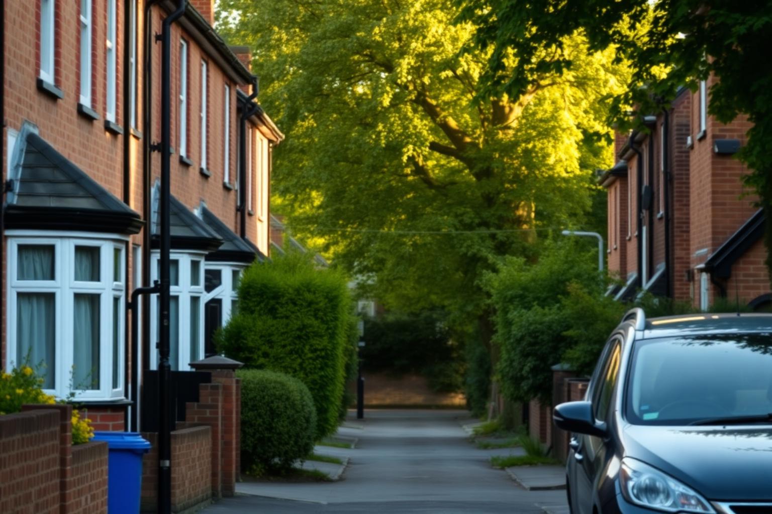 A quiet residential street with terraced homes and green trees